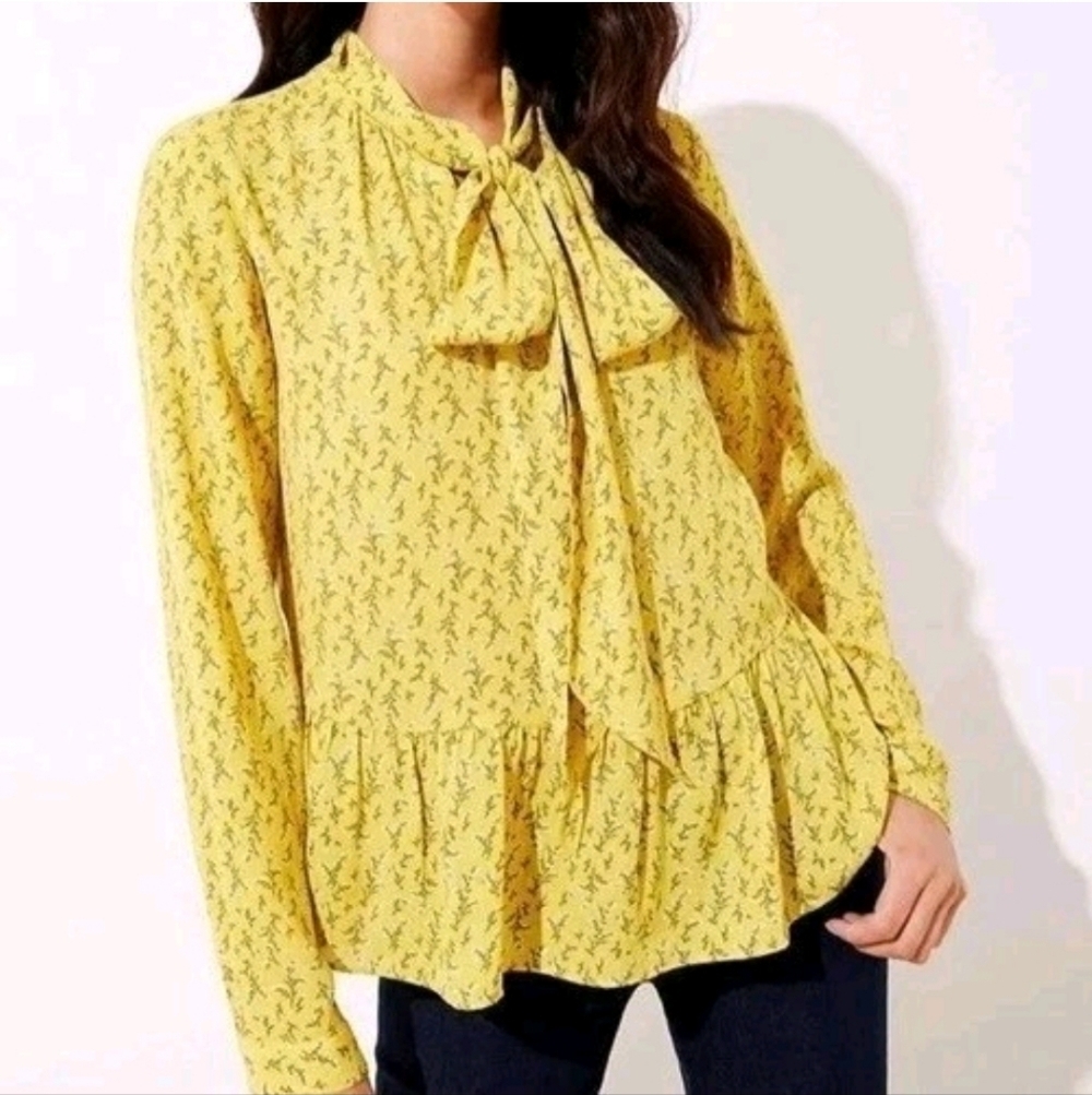 LOFT Womens Ann Taylor Floral Peplum Mock Neck Size Medium  Yellow Ruffle Preppy